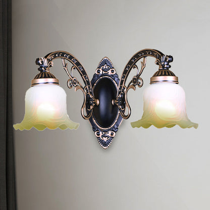 Vivolux | Schwarz/Weiß scalloped Wandleuchte Retro frosted Glas Schirm 1/2-Licht Esszimmer Wandlampe mit gebogenem Arm
