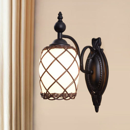 Vivolux | Zylinder Creme Glas Wandlamp Traditionelle 1 Licht Schlafzimmer Wandlampe mit Bambusgewebe Schirm in Schwarz