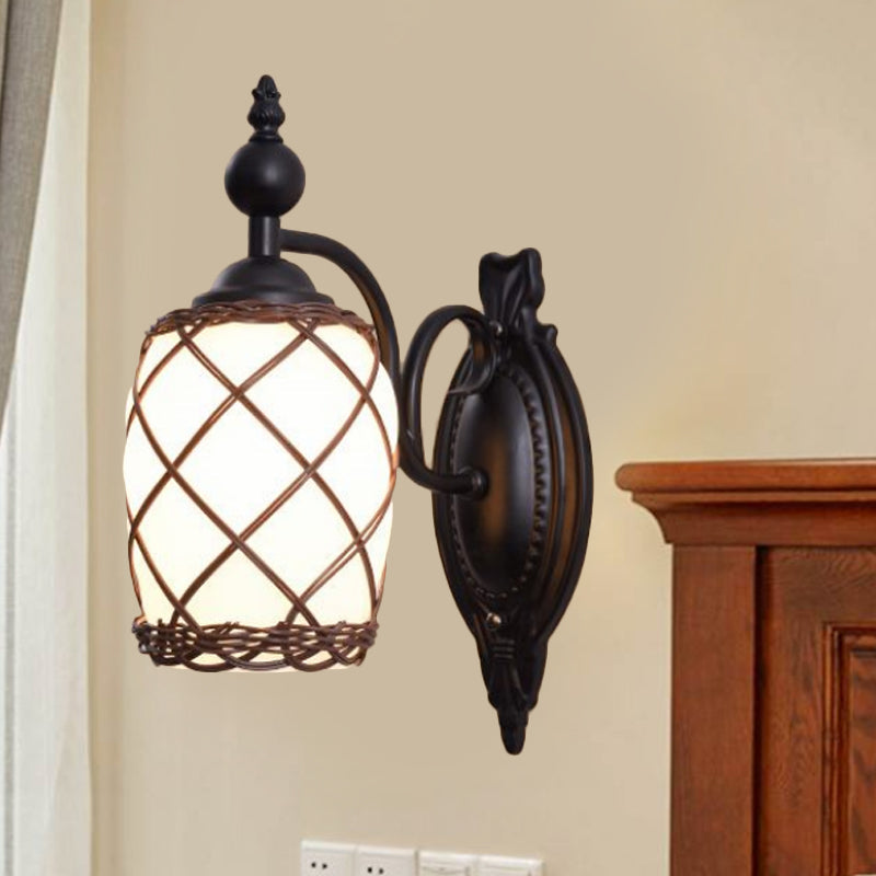 Vivolux | Zylinder Creme Glas Wandlamp Traditionelle 1 Licht Schlafzimmer Wandlampe mit Bambusgewebe Schirm in Schwarz
