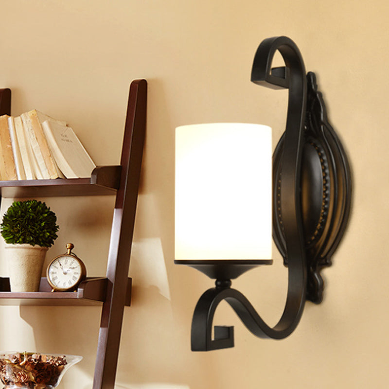 Vivolux | Schwarze zylindrische Wandleuchte Vintage-Stil Metall 1-Licht Studie Wandlampe mit weißem Glasschirm