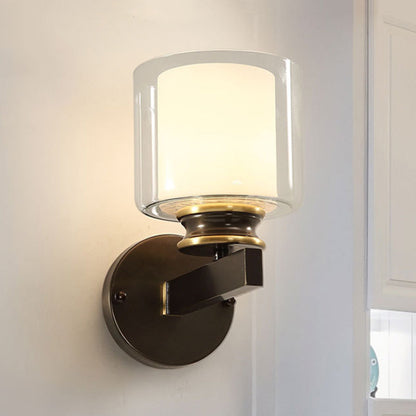 Vivolux | Schwarz 1-Licht Wandmontierte Leuchte Traditionelle Metallzylinder Wandleuchte mit Doppel-Tier Glas Shade für Schlafzimmer
