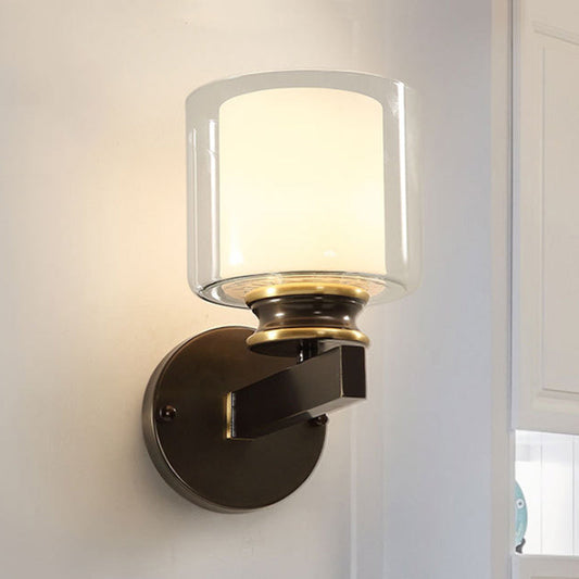 Vivolux | Schwarz 1-Licht Wandmontierte Leuchte Traditionelle Metallzylinder Wandleuchte mit Doppel-Tier Glas Shade für Schlafzimmer