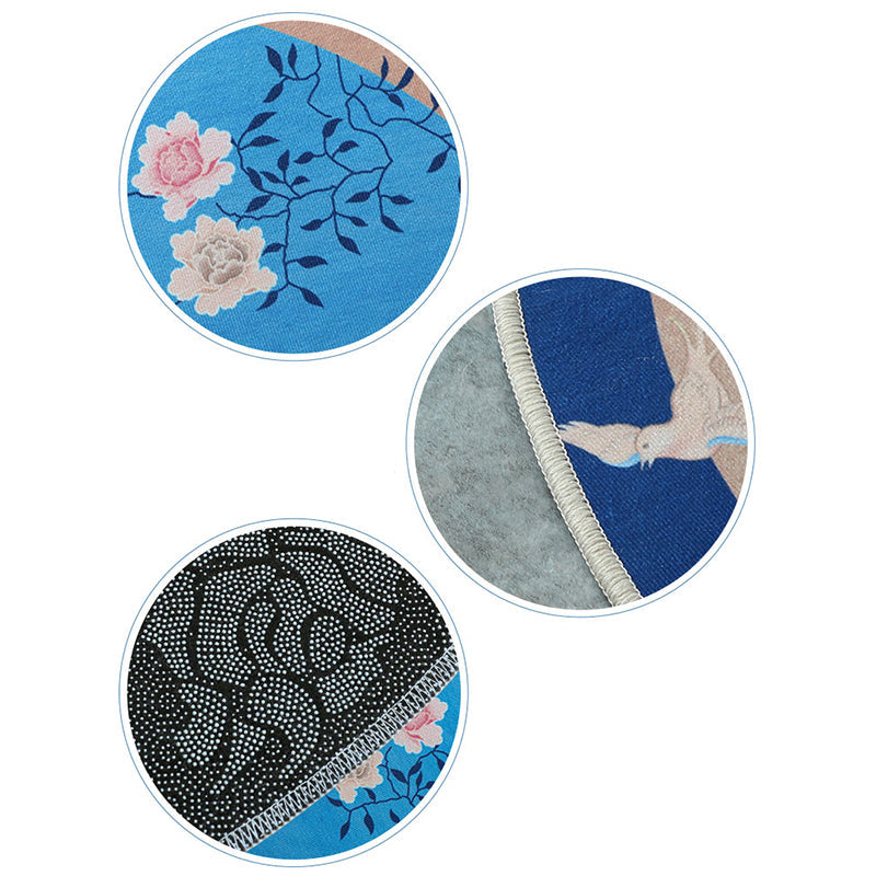 Vivolux | Blauer Blumen gedruckter Teppich Baumwollmischung Vintage Teppich mit rutschfester Unterlage fleckenresistenter Innenraumteppich für Schlafzimmer