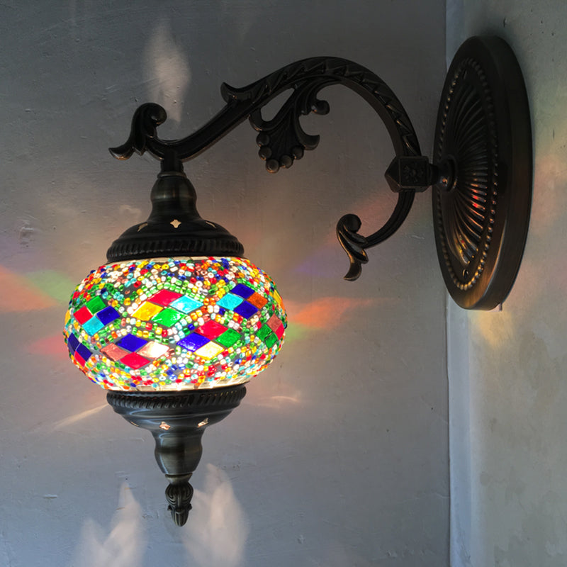 Vivolux | Gekromde Arm Wandlamp Traditionary Metaal 1 Kop Bruin Muur Gemonteerde Lamp met Bal Geel/Groen Glazen Kap voor Balkon