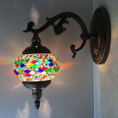 Vivolux | Gekromde Arm Wandlamp Traditionary Metaal 1 Kop Bruin Muur Gemonteerde Lamp met Bal Geel/Groen Glazen Kap voor Balkon