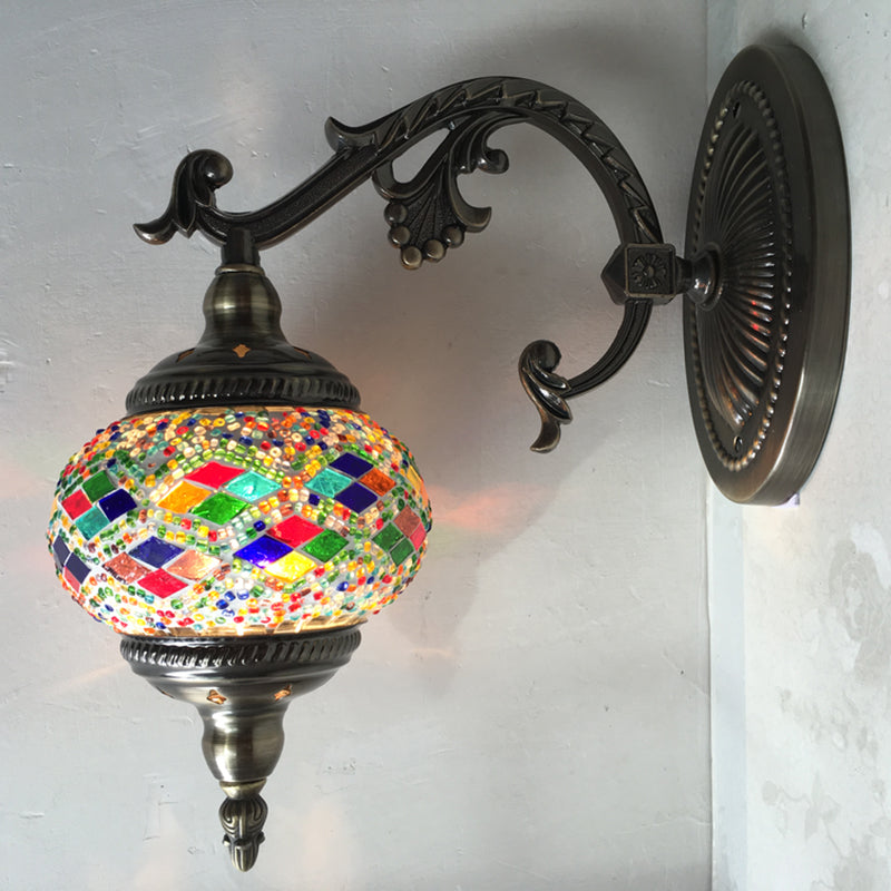Vivolux | Gekromde Arm Wandlamp Traditionary Metaal 1 Kop Bruin Muur Gemonteerde Lamp met Bal Geel/Groen Glazen Kap voor Balkon