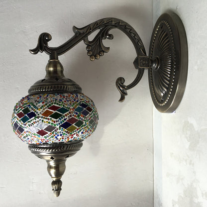 Vivolux | Gekromde Arm Wandlamp Traditionary Metaal 1 Kop Bruin Muur Gemonteerde Lamp met Bal Geel/Groen Glazen Kap voor Balkon