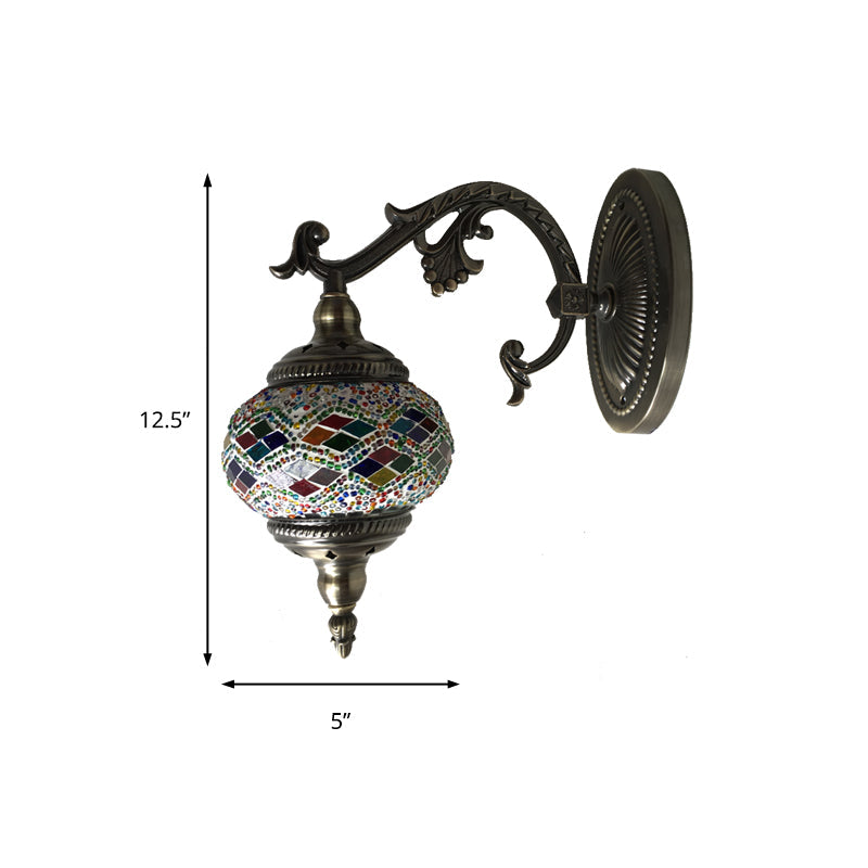 Vivolux | Gekromde Arm Wandlamp Traditionary Metaal 1 Kop Bruin Muur Gemonteerde Lamp met Bal Geel/Groen Glazen Kap voor Balkon