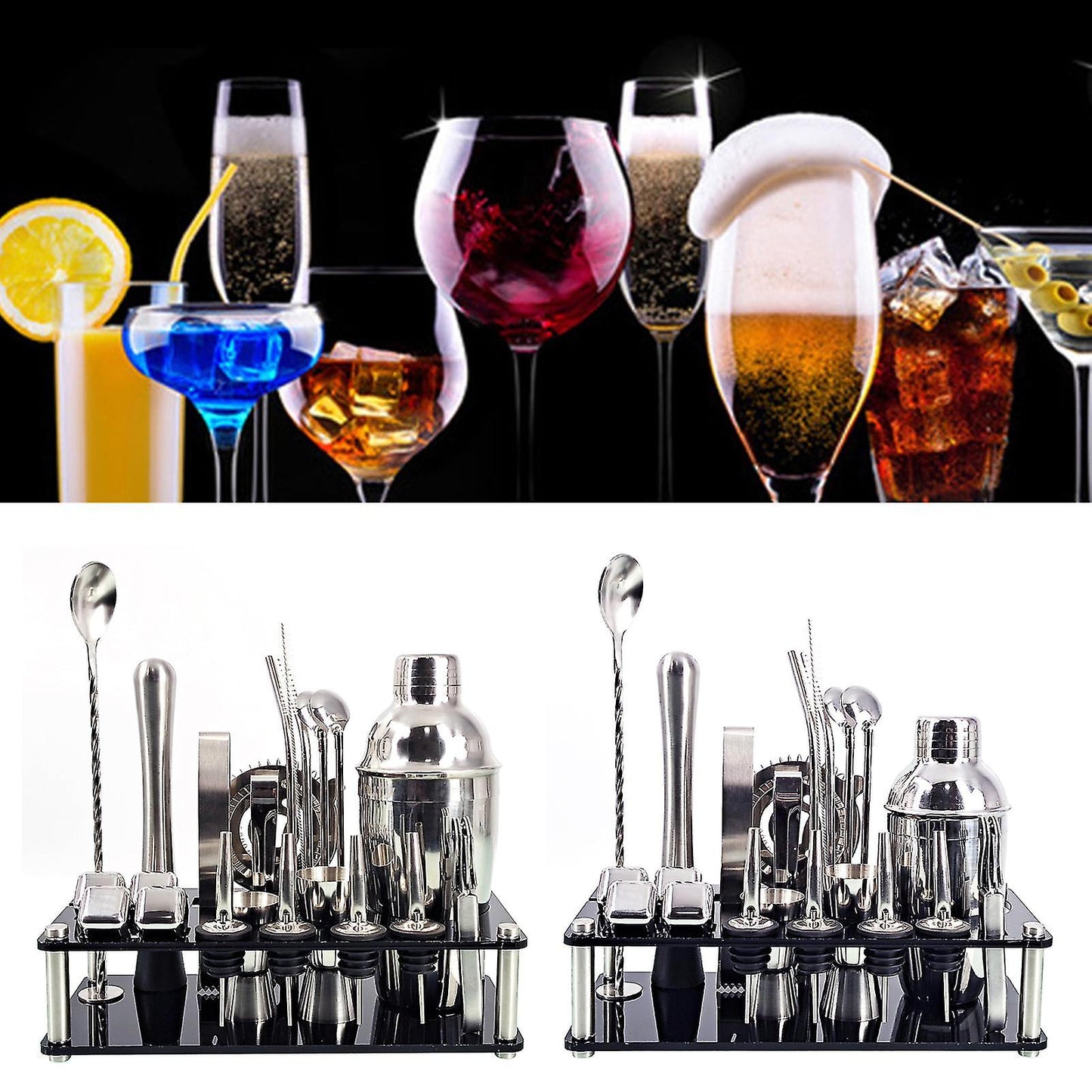 Vivolux | 23pcs/Set Barkeeper Kit Professionelle Vielseitigkeit Edelstahl Martini Cocktail Shaker mit Stand Bar Zubehör