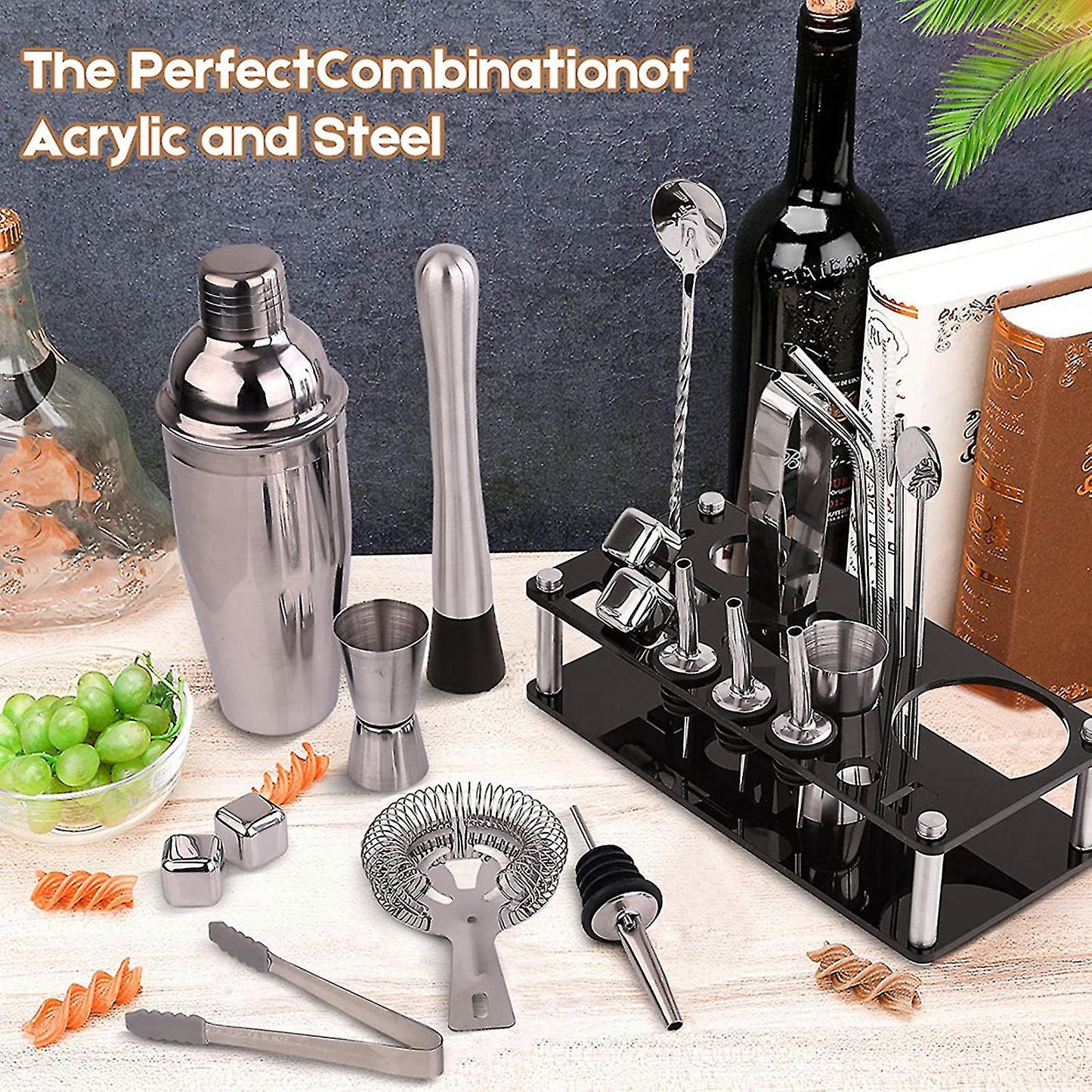 Vivolux | 23pcs/Set Barkeeper Kit Professionelle Vielseitigkeit Edelstahl Martini Cocktail Shaker mit Stand Bar Zubehör