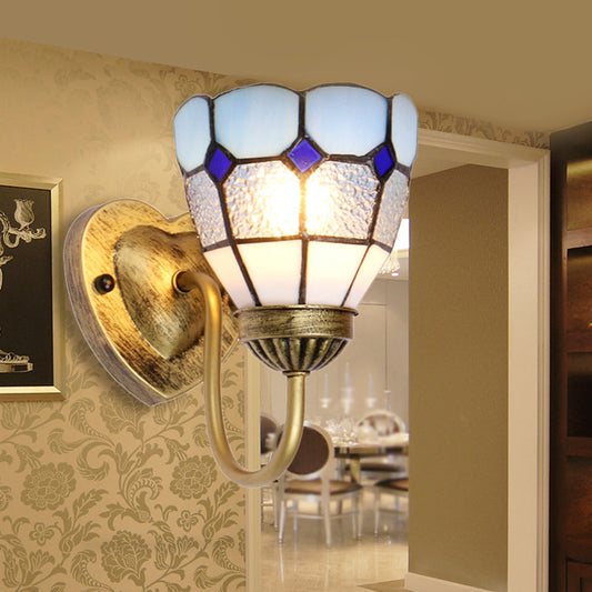 Vivolux | 1 Kopf Badezimmer Wandleuchte Tiffany Blau/Weiß/Antik Messing Wandmontierte Leuchte mit Kuppel-Dimple-Glas-Schirm