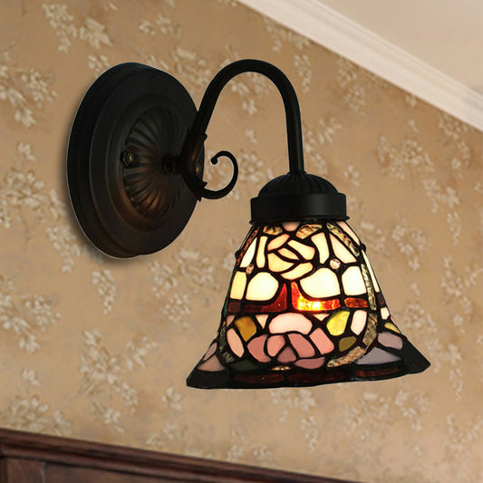 Vivolux | 1 Kopf Flared Wandleuchte Viktorianisch Schwarz Multicolor Buntglas Wandmontierte Lampe mit Rosenmuster