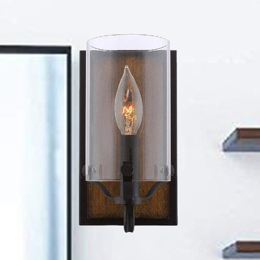 Vivolux | 1 Glühbirne Zylinder Wandmontierte Leuchte Industrie Braun Klar Glas Beleuchtung mit Holzhintergrundplatte