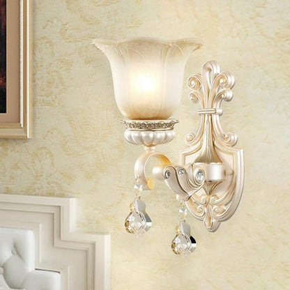 Vivolux | Blumen Weiß Glas Wandmontage Licht Traditionell 1/2 Lichter Flur Wandleuchte mit Kristall Tropfen