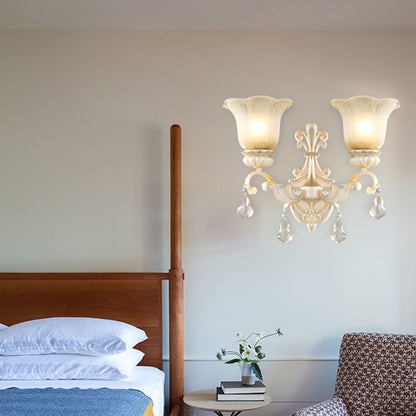 Vivolux | Blumen Weiß Glas Wandmontage Licht Traditionell 1/2 Lichter Flur Wandleuchte mit Kristall Tropfen