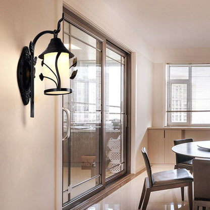 Vivolux | Blumen-/Blatt-/Metallrahmen-Korridor-Wandleuchte Landhausstil Milchglas 1 Licht Schwarzes Wandleuchtenelement