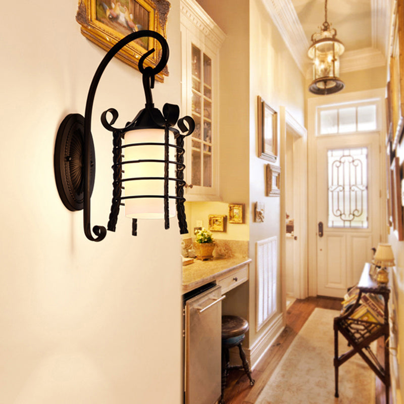 Vivolux | Blumen-/Blatt-/Metallrahmen-Korridor-Wandleuchte Landhausstil Milchglas 1 Licht Schwarzes Wandleuchtenelement