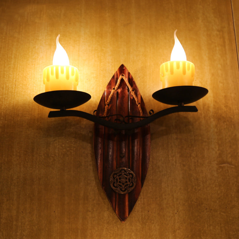 Vivolux | 2 Lichten Kaars Wandlamp Vintage Geel Hars Sconces Lichtarmatuur met Houten Achterplaat