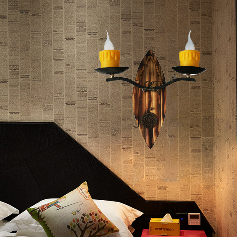 Vivolux | 2 Lichten Kaars Wandlamp Vintage Geel Hars Sconces Lichtarmatuur met Houten Achterplaat