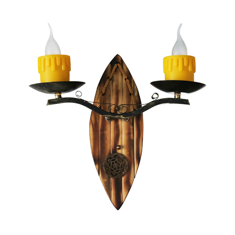 Vivolux | 2 Lichten Kaars Wandlamp Vintage Geel Hars Sconces Lichtarmatuur met Houten Achterplaat