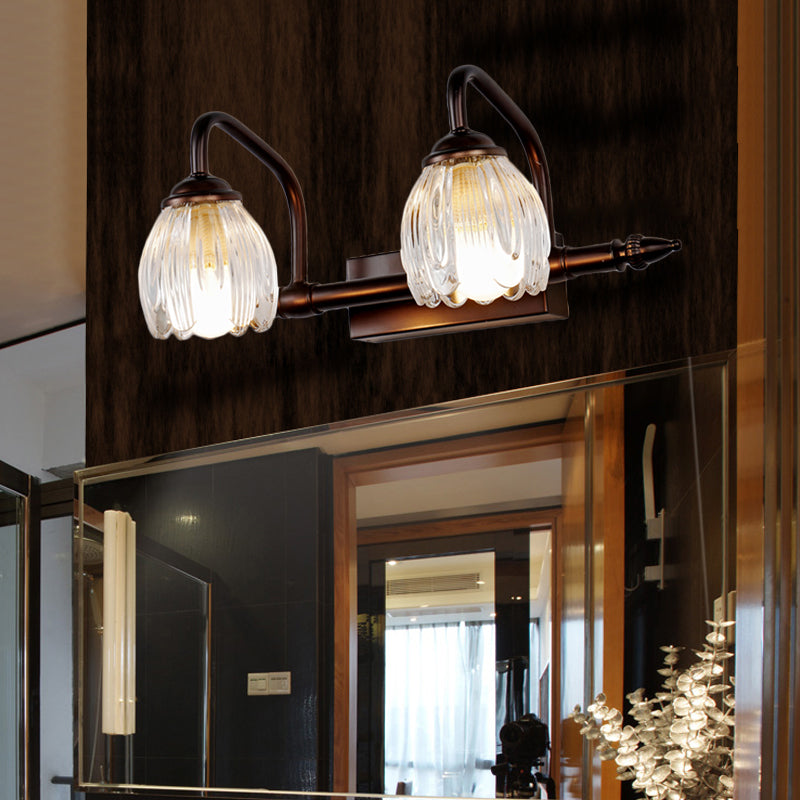 Vivolux | Blumen Badezimmer Wandleuchte Vintage Klar Texturiertes Glas 2/3/4 Lichter Kupfer Make-Up Beleuchtung