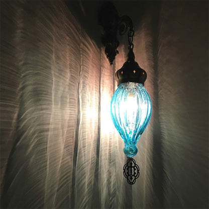 Vivolux | Traditionele Druppel Wandlamp Zwart/Wit/Lichtblauw Glas 1 Kop Wandgemonteerde Lamp met Gegraveerde Metalen Arm