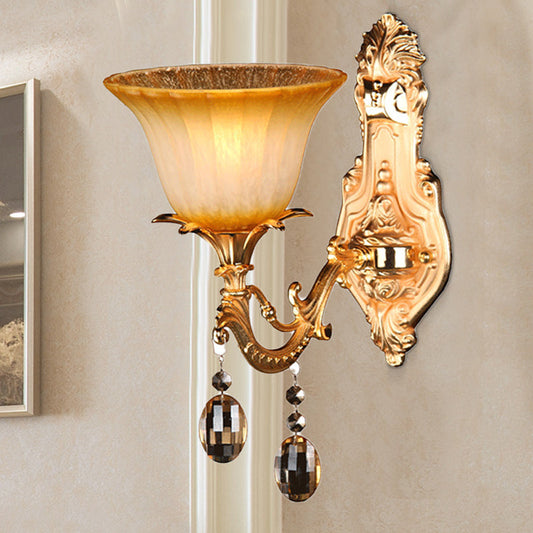 Vivolux | 1 Kopf Amber Glas Wandleuchte Traditionelle Messingblume Schlafzimmer Wandmontierte Leuchte