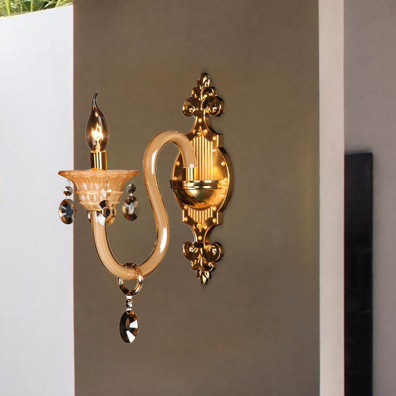 Vivolux | Gebogen Arm Witte Glazen Wandlamp Traditional 1 Hoofd Woonkamer Sconces Licht met Gevriesd Kristal Accent