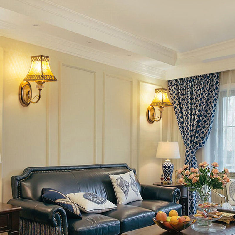 Vivolux | Einzelne Glühbirne Glocken-Wandanbau Colonial Gold Geätztes Glas Wandleuchte mit Bogenarm für den Innenbereich