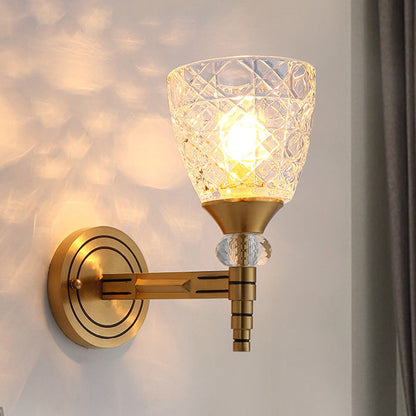 Vivolux | 1/2-Birne Gitterglas Wandlampe mit Schalenlampenschirm Loft Schlafzimmer Wandmontage Licht in Messing-Finish