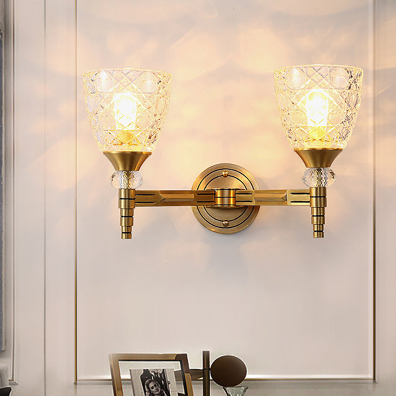 Vivolux | 1/2-Birne Gitterglas Wandlampe mit Schalenlampenschirm Loft Schlafzimmer Wandmontage Licht in Messing-Finish