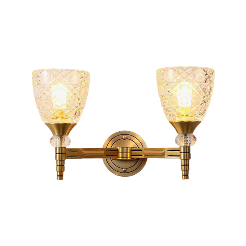 Vivolux | 1/2-Birne Gitterglas Wandlampe mit Schalenlampenschirm Loft Schlafzimmer Wandmontage Licht in Messing-Finish