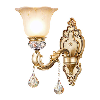 Vivolux | 1 Glühbirne Florale Wandlampe Vintage Weiß Geätztes Glas Wandlampe mit Kristallakzent und goldener_lockiger Harzarm