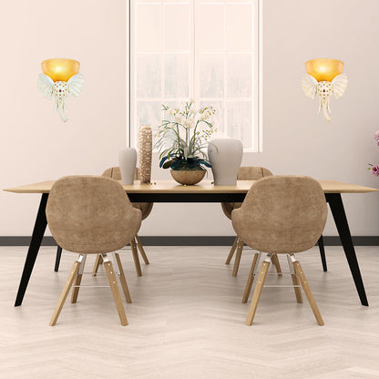 Vivolux | Kolonial Bowl Wandmontage Verlichting Amber Glas 1 Kops Wandlamp met Wit/Gouden Olifantsneus naar Links/Rechts