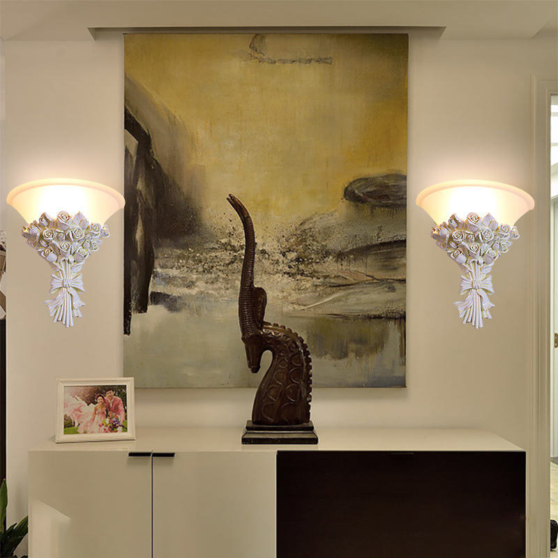 Vivolux | Cone Wandverlichting Colonialist Witte Glas 1 Hoofd Wandlamp met Bloemharsdecoratie voor Woonkamer