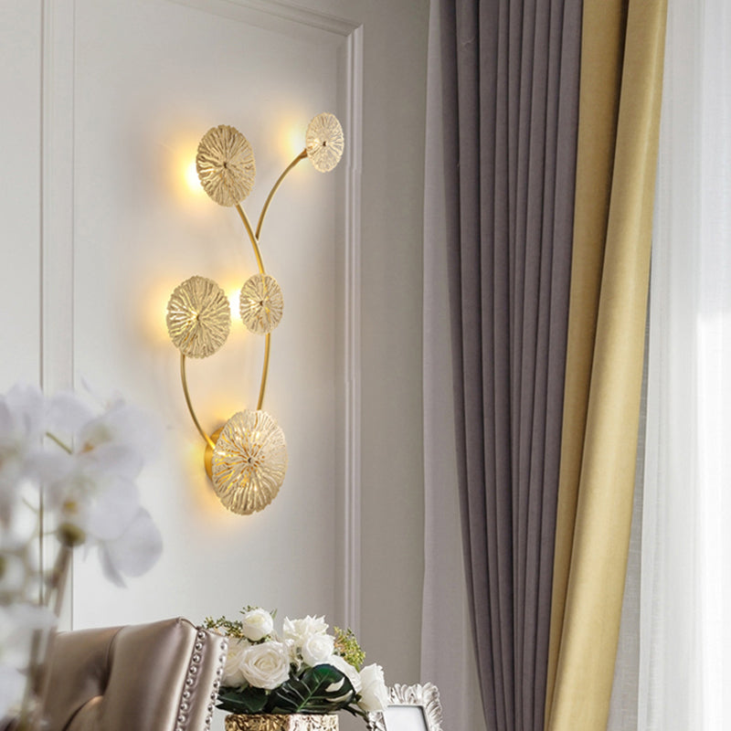 Vivolux | 3/6/7 Köpfe Messing Wandmontage Lampe Asiatischer Stil Gold-Finish Geätztes Lotusblatt Wandlicht Wandleuchte