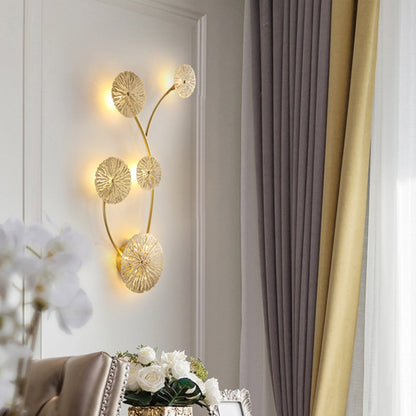 Vivolux | 3/6/7 Köpfe Messing Wandmontage Lampe Asiatischer Stil Gold-Finish Geätztes Lotusblatt Wandlicht Wandleuchte