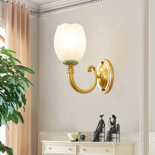 Vivolux | Opaline Glas Bloem Muur Lamp Vintage Stijl 1/2-Licht Woonkamer Wandlicht Armatuur in Messing