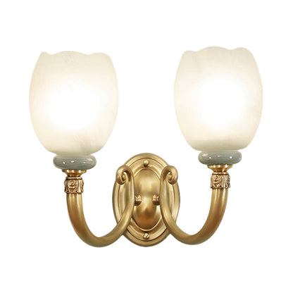 Vivolux | Opaline Glas Bloem Muur Lamp Vintage Stijl 1/2-Licht Woonkamer Wandlicht Armatuur in Messing
