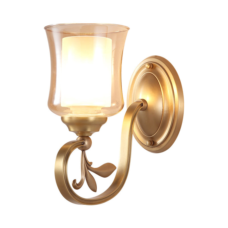 Vivolux | Amber Glas Glocken Wandlampe Vintage 1/2-Birne Foyer Messing Finish Wandleuchte mit innerem Zylinderschirm