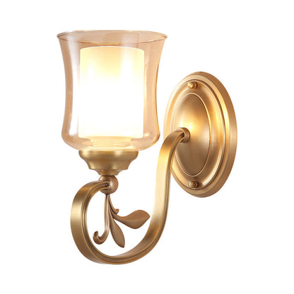Vivolux | Amber Glas Glocken Wandlampe Vintage 1/2-Birne Foyer Messing Finish Wandleuchte mit innerem Zylinderschirm