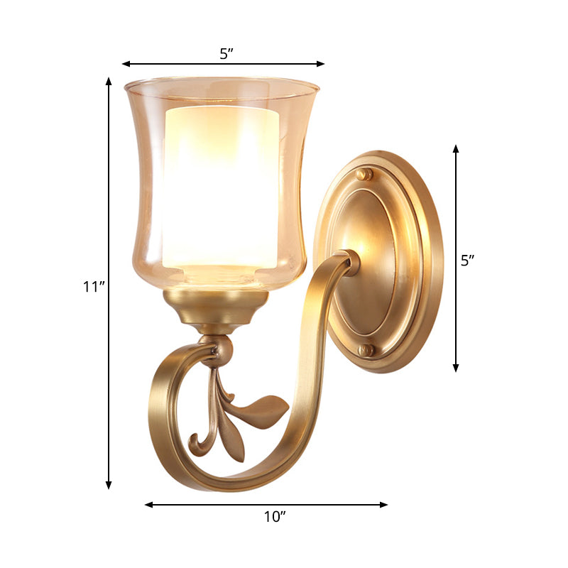 Vivolux | Amber Glas Glocken Wandlampe Vintage 1/2-Birne Foyer Messing Finish Wandleuchte mit innerem Zylinderschirm
