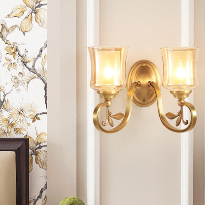 Vivolux | Amber Glas Glocken Wandlampe Vintage 1/2-Birne Foyer Messing Finish Wandleuchte mit innerem Zylinderschirm