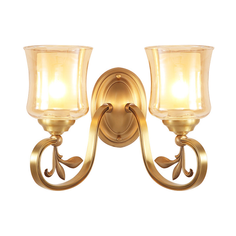Vivolux | Amber Glas Glocken Wandlampe Vintage 1/2-Birne Foyer Messing Finish Wandleuchte mit innerem Zylinderschirm