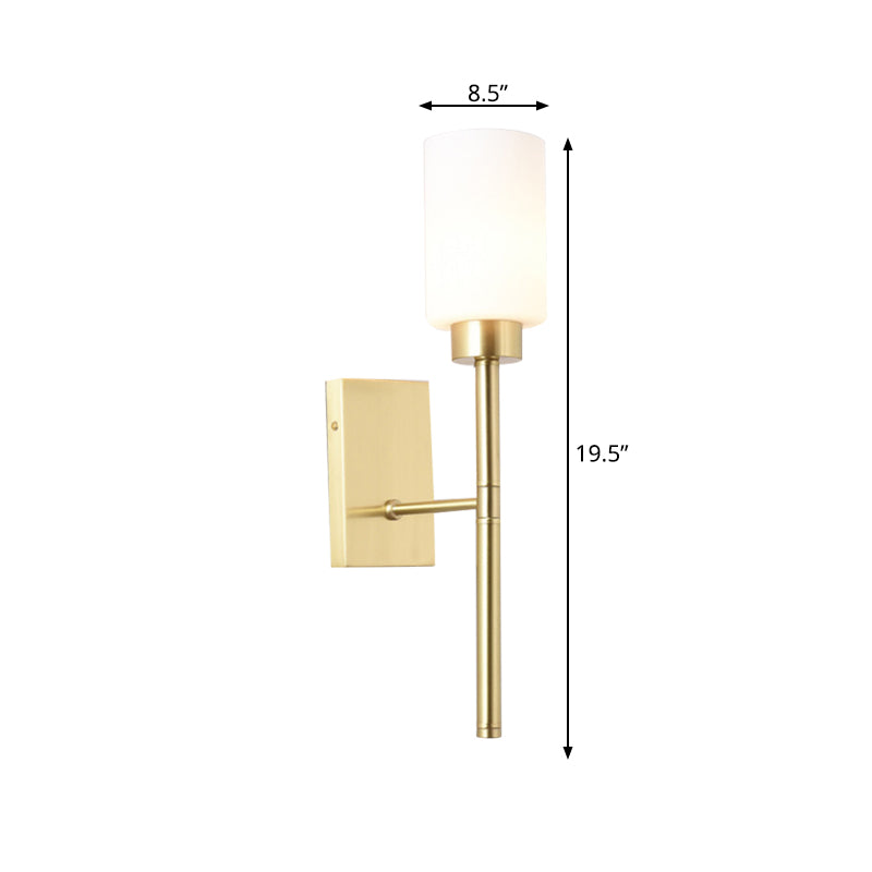 Vivolux | Zylinder Schlafzimmer Wandlampe Wandleuchte im modernistischen Stil mit weißem Glas 1/2-Kopf Messingfinish Wandleuchte mit Bleistiftarm