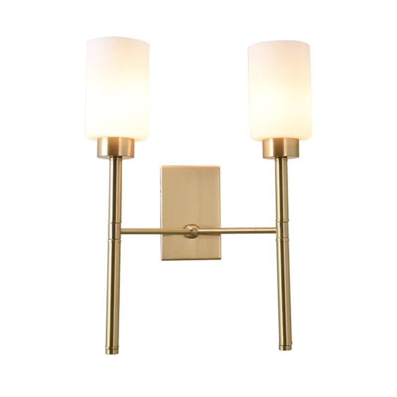 Vivolux | Zylinder Schlafzimmer Wandlampe Wandleuchte im modernistischen Stil mit weißem Glas 1/2-Kopf Messingfinish Wandleuchte mit Bleistiftarm
