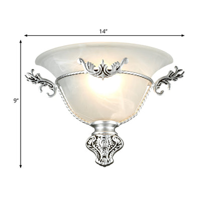 Vivolux | Bell Wandleuchte Kolonial 1 Kopf Weißes Glas Wandbeleuchtungseinrichtung mit Silber/Messing geschnitztem Metall Dekor für Flur