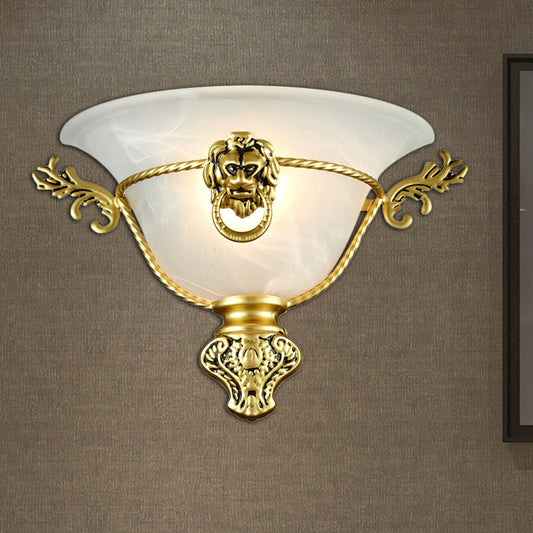 Vivolux | 1 Glühbirne Trompeten Wandlampe Kolonial Opalglas Wandleuchte mit Kupfer/Messing Löwenmetall Dekor für Nachttisch
