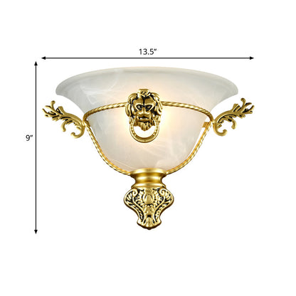 Vivolux | 1 Glühbirne Trompeten Wandlampe Kolonial Opalglas Wandleuchte mit Kupfer/Messing Löwenmetall Dekor für Nachttisch