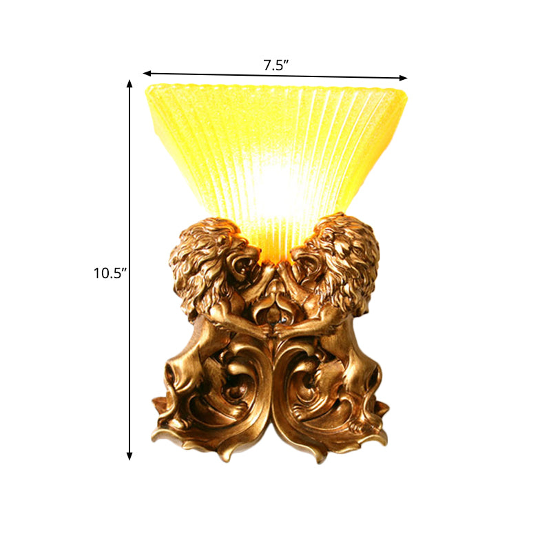 Vivolux | Vintage Flared Wandleuchte 1 Licht Gelbes Geripptes Glas Wandmontierte Lampe mit Messingfinish Harzlöwe